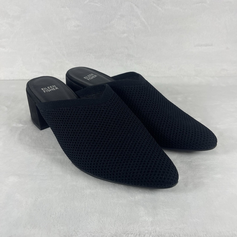Eileen Fisher Betsy Mules Shoes Womens 11 Black Stretch Knit Mesh Block Heel